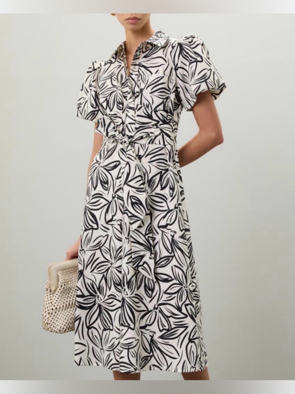 TOCCIN X RTR Black Leaf-Print Midi Dress with Tie Waist